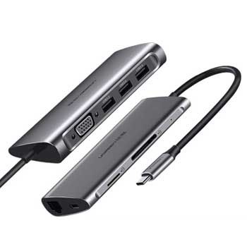 Cáp Chuyển USB Type C to VGA + USB 3.0 + LAN 1Gbps + Card Reader Ugreen 50539