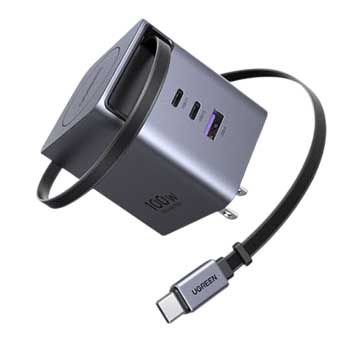 Sạc điện thoại , Laptop - GaN 100W 3 cổng (2 USB-C + 1 USB-A) - kèm dây rút USB-C - Ugreen 65827