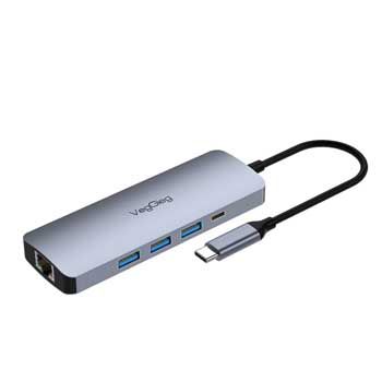 Cáp chuyển USB-C sang HDMI+USB 3.0+2 USB 2.0+PD 100w+Type C+SD/TF+RJ45 100Mbps VEGGIEG V-TC10R